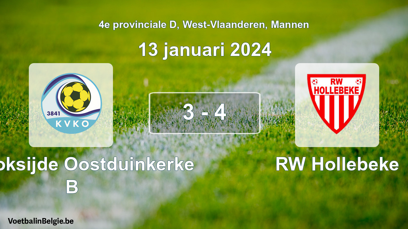 Match joué football hommes: KV Koksijde Oostduinkerke B - RW Hollebeke 3 - 4 (13 janvier 2024)