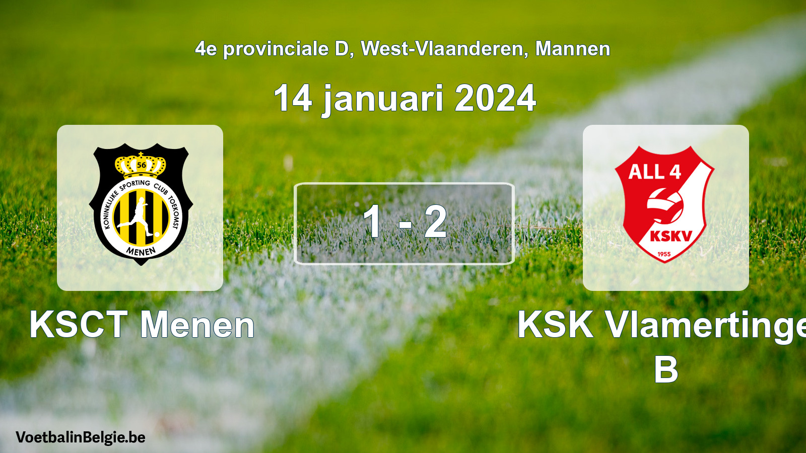 Gespeelde wedstrijd mannenvoetbal: KSCT Menen - KSK Vlamertinge B 1 - 2 (14 januari 2024)