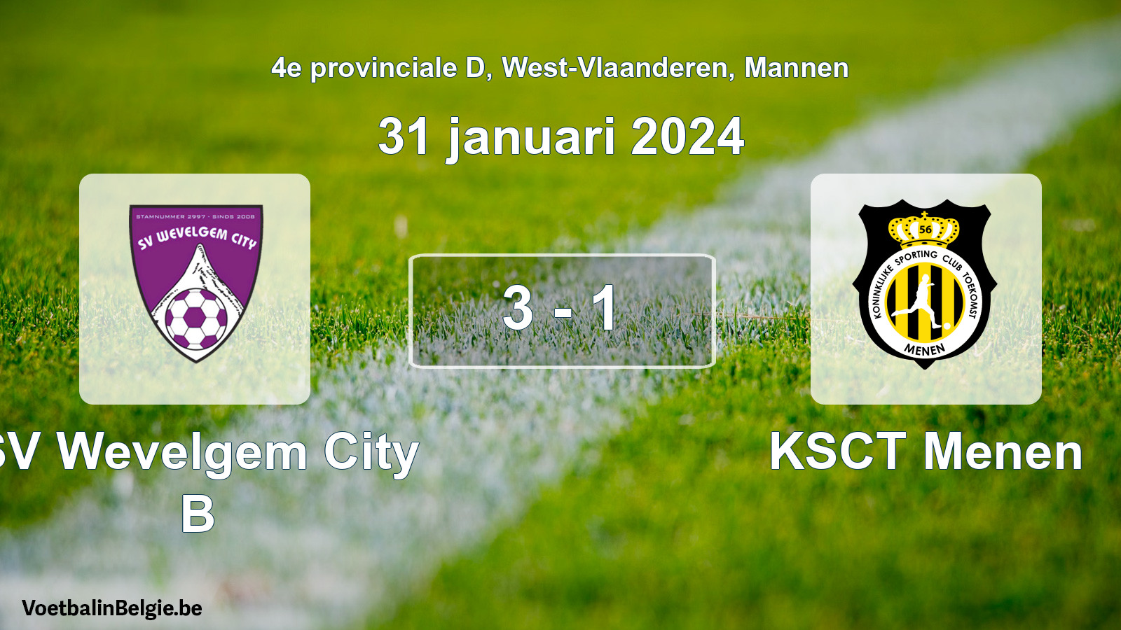 Gespeelde wedstrijd mannenvoetbal: SV Wevelgem City B - KSCT Menen 3 - 1 (31 januari 2024)