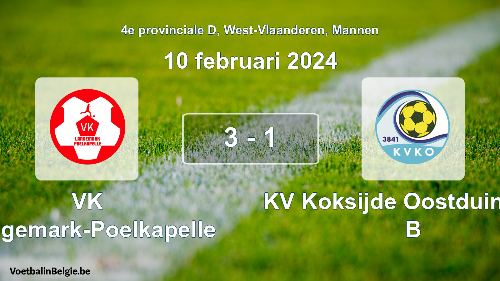Gespeelde wedstrijd mannenvoetbal: VK Langemark-Poelkapelle - KV Koksijde Oostduinkerke B 3 - 1 (10 februari 2024)