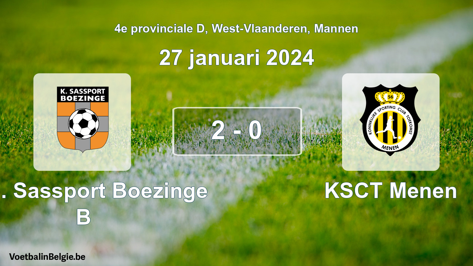 Gespeelde wedstrijd mannenvoetbal: Kon. Sassport Boezinge B - KSCT Menen 2 - 0 (27 januari 2024)