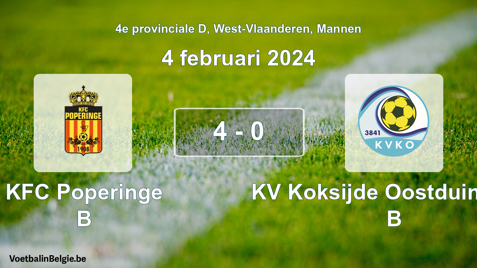 Gespeelde wedstrijd mannenvoetbal: KFC Poperinge B - KV Koksijde Oostduinkerke B 4 - 0 (4 februari 2024)