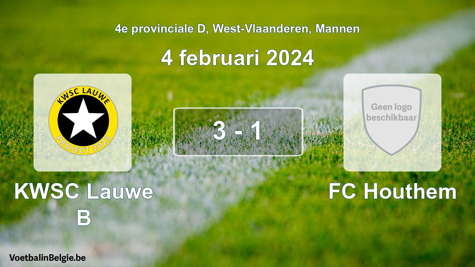 Gespeelde wedstrijd mannenvoetbal: KWSC Lauwe B - FC Houthem 3 - 1 (4 februari 2024)