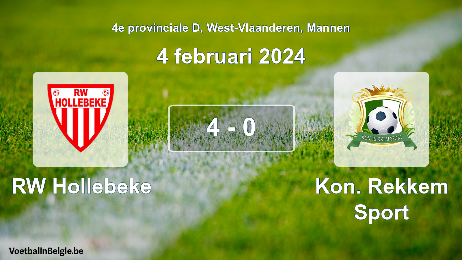 Gespeelde wedstrijd mannenvoetbal: RW Hollebeke - Kon. Rekkem Sport 4 - 0 (4 februari 2024)
