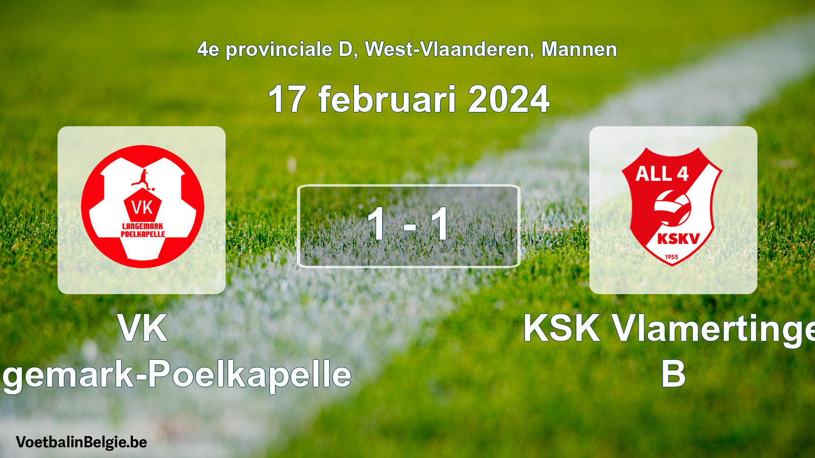 Gespeelde wedstrijd mannenvoetbal: VK Langemark-Poelkapelle - KSK Vlamertinge B 1 - 1 (17 februari 2024)