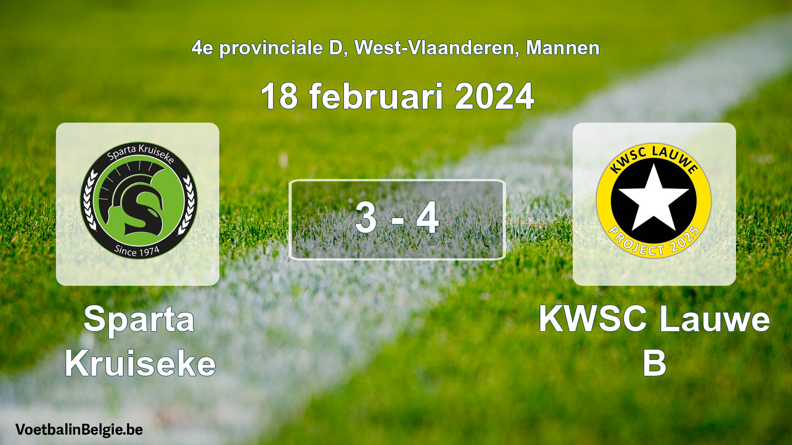 Gespeelde wedstrijd mannenvoetbal: Sparta Kruiseke - KWSC Lauwe B 3 - 4 (18 februari 2024)
