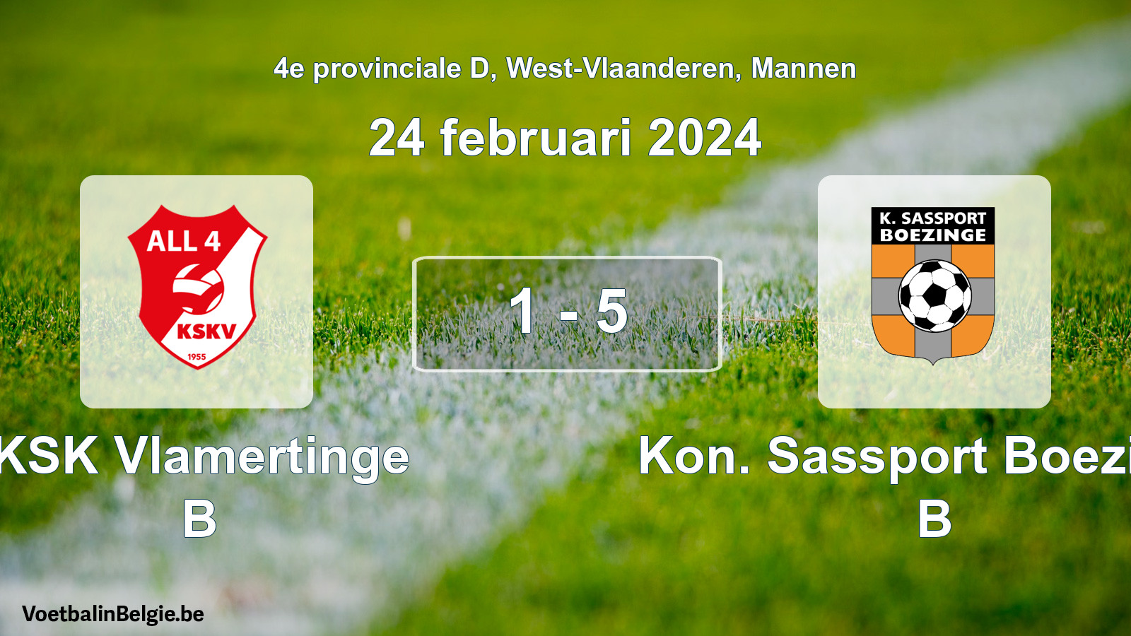Gespeelde wedstrijd mannenvoetbal: KSK Vlamertinge B - Kon. Sassport Boezinge B 1 - 5 (24 februari 2024)