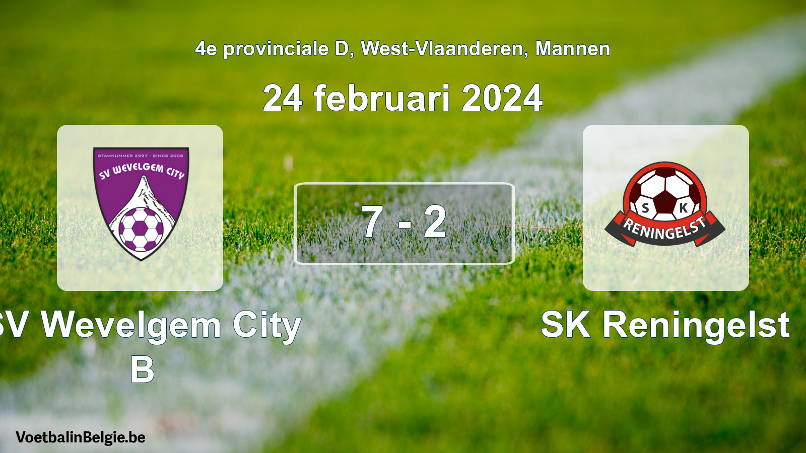 Gespeelde wedstrijd mannenvoetbal: SV Wevelgem City B - SK Reningelst 7 - 2 (24 februari 2024)