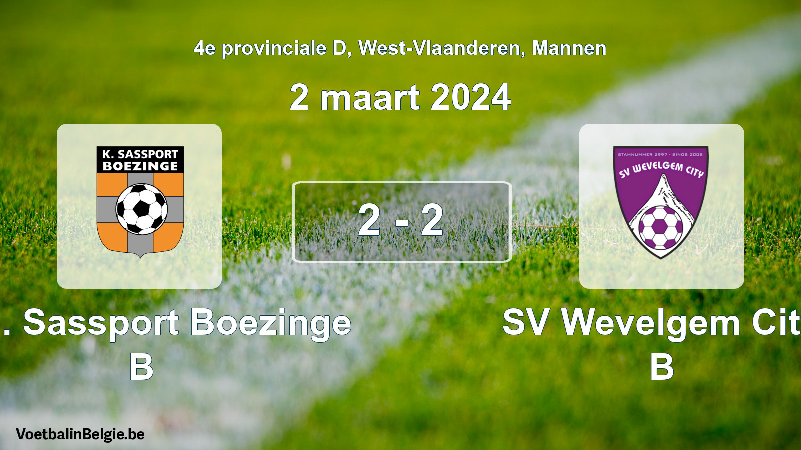 Gespeelde wedstrijd mannenvoetbal: Kon. Sassport Boezinge B - SV Wevelgem City B 2 - 2 (2 maart 2024)