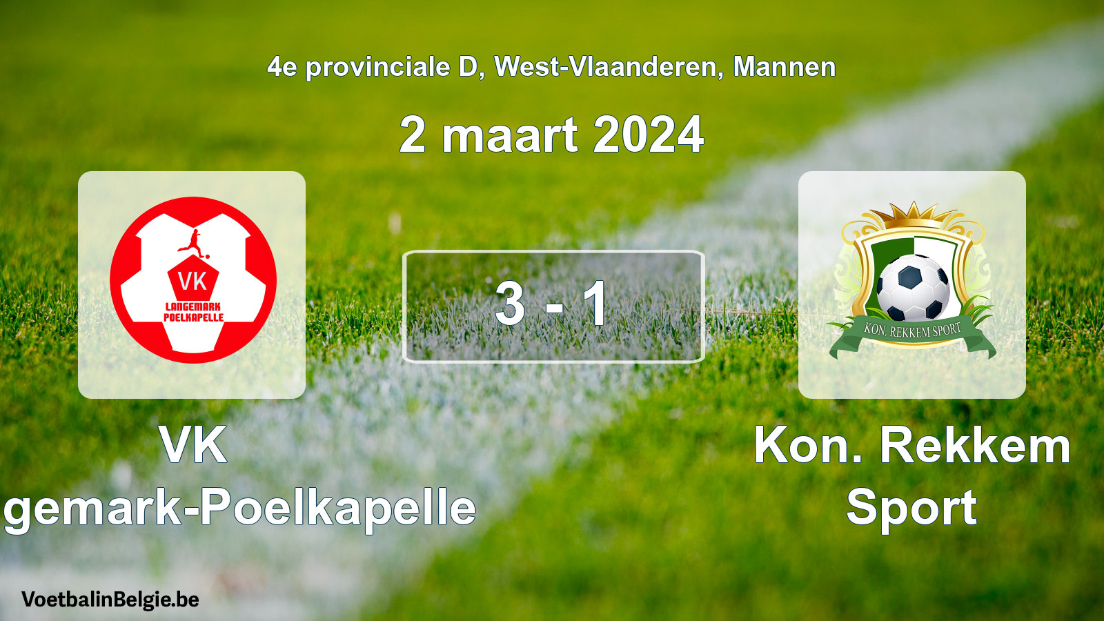 Gespeelde wedstrijd mannenvoetbal: VK Langemark-Poelkapelle - Kon. Rekkem Sport 3 - 1 (2 maart 2024)