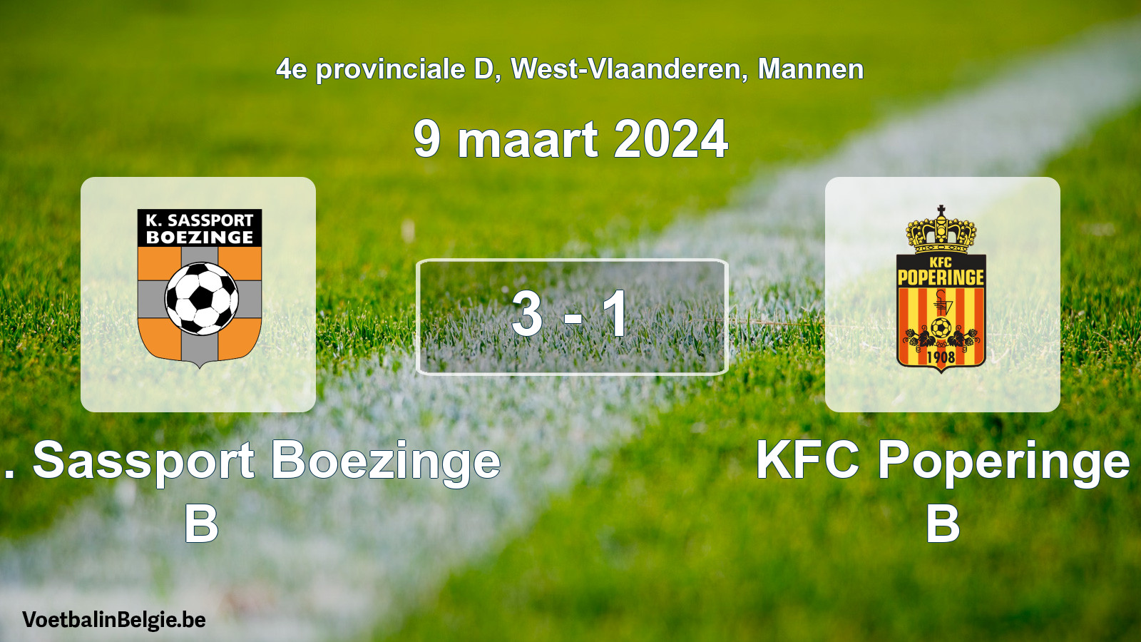 Gespeelde wedstrijd mannenvoetbal: Kon. Sassport Boezinge B - KFC Poperinge B 3 - 1 (9 maart 2024)