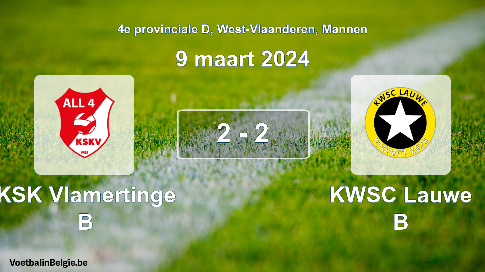 Gespeelde wedstrijd mannenvoetbal: KSK Vlamertinge B - KWSC Lauwe B 2 - 2 (9 maart 2024)