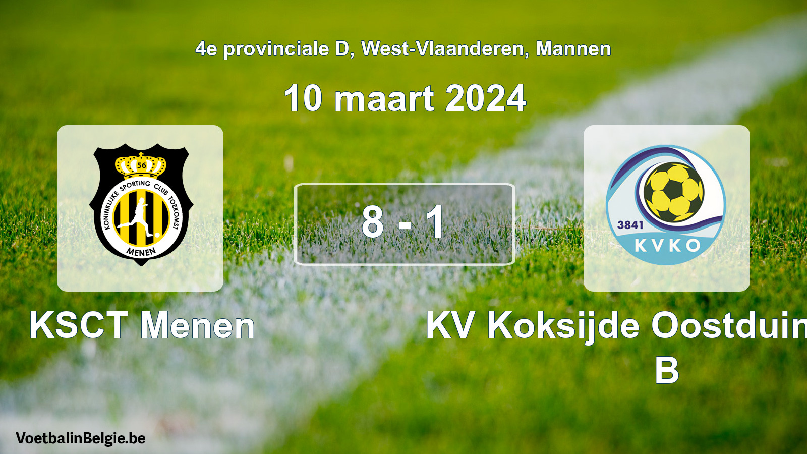 Gespeelde wedstrijd mannenvoetbal: KSCT Menen - KV Koksijde Oostduinkerke B 8 - 1 (10 maart 2024)