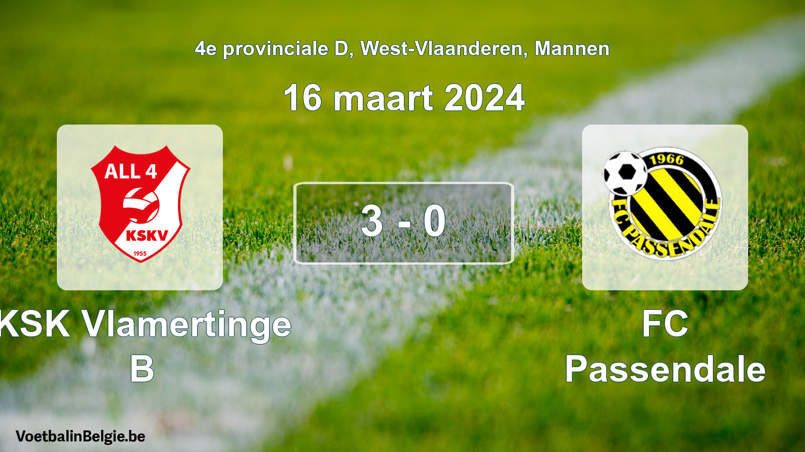 Gespeelde wedstrijd mannenvoetbal: KSK Vlamertinge B - FC Passendale 3 - 0 (16 maart 2024)