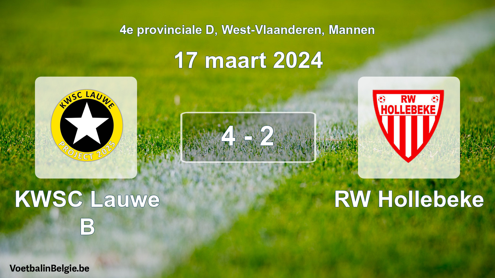 Gespeelde wedstrijd mannenvoetbal: KWSC Lauwe B - RW Hollebeke 4 - 2 (17 maart 2024)