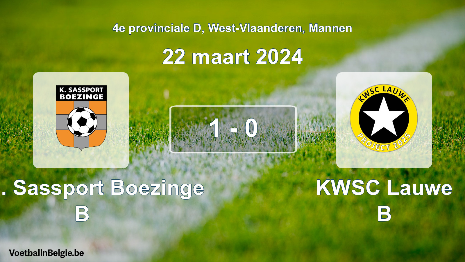 Gespeelde wedstrijd mannenvoetbal: Kon. Sassport Boezinge B - KWSC Lauwe B 1 - 0 (22 maart 2024)