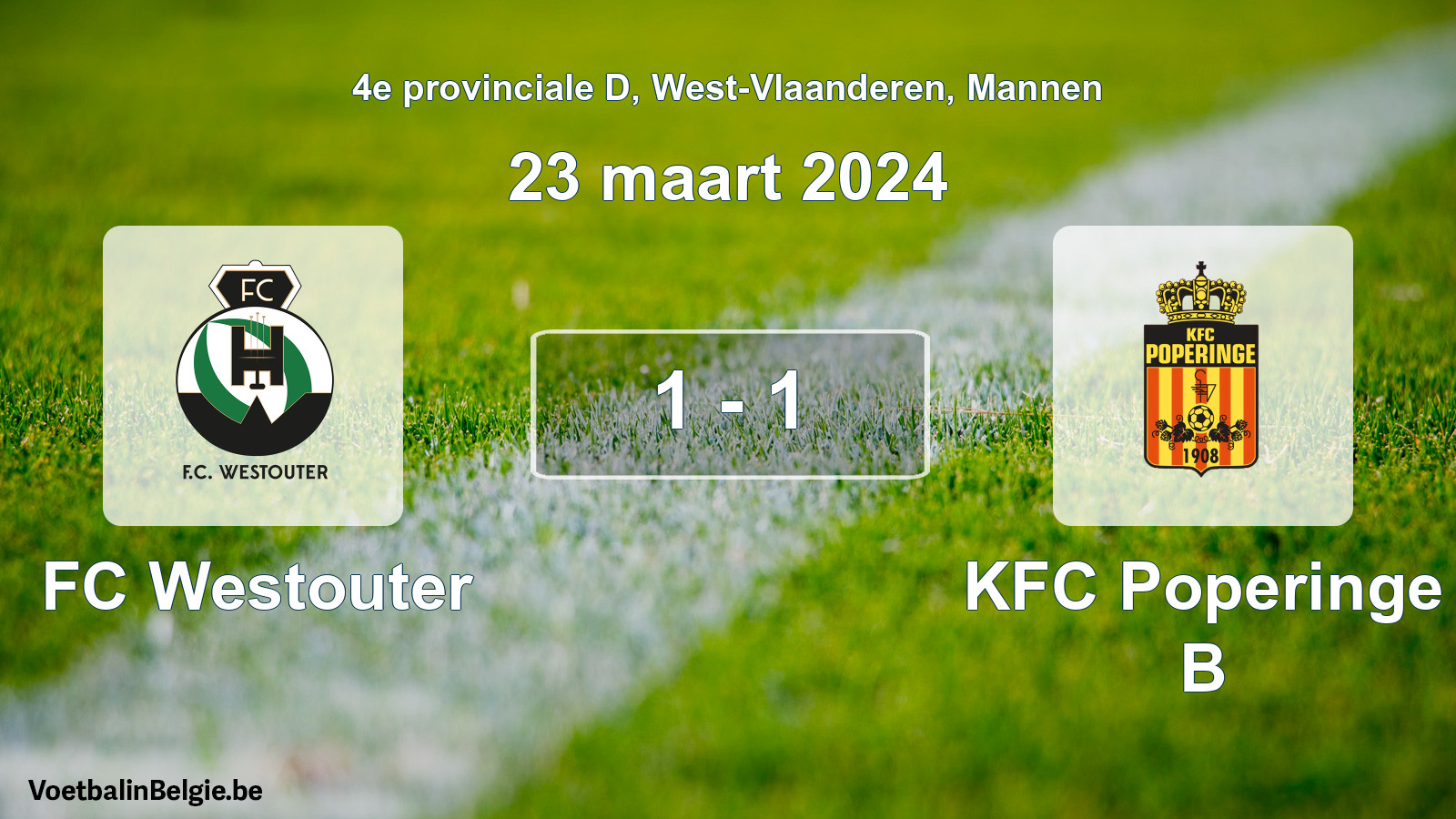 Gespeelde wedstrijd mannenvoetbal: FC Westouter - KFC Poperinge B 1 - 1 (23 maart 2024)