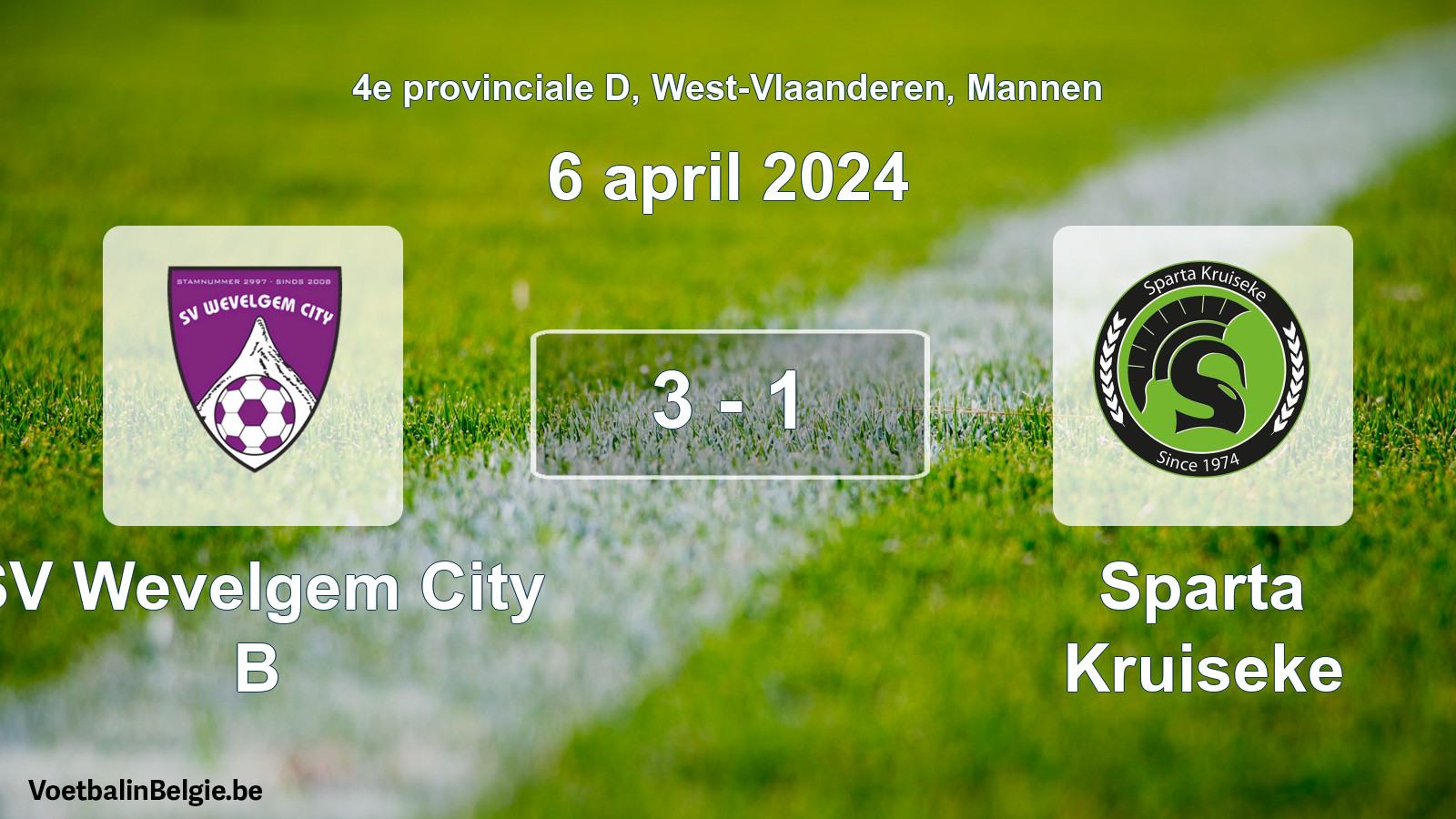 Gespeelde wedstrijd mannenvoetbal: SV Wevelgem City B - Sparta Kruiseke 3 - 1 (6 april 2024)