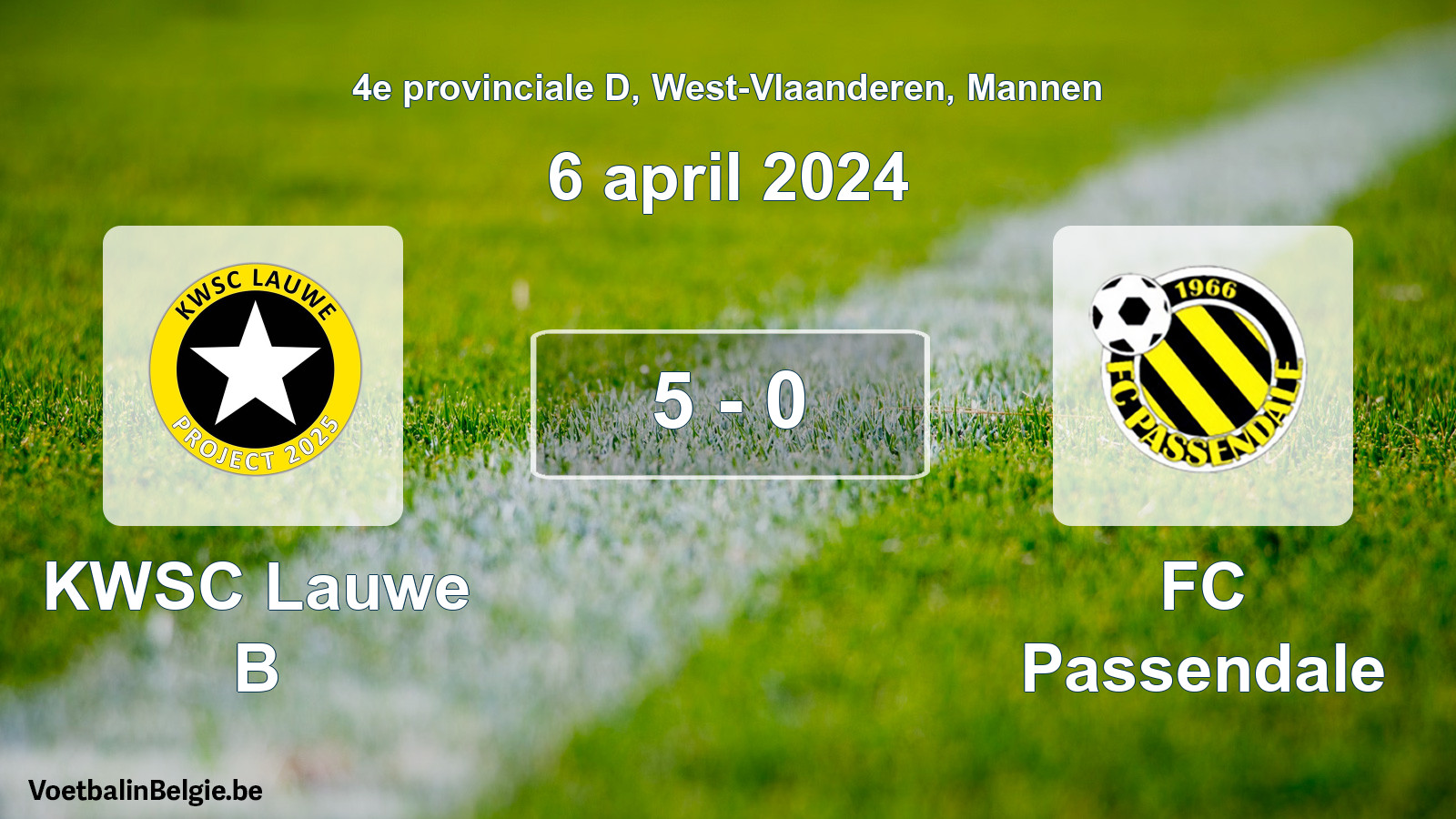 Gespeelde wedstrijd mannenvoetbal: KWSC Lauwe B - FC Passendale 5 - 0 (6 april 2024)