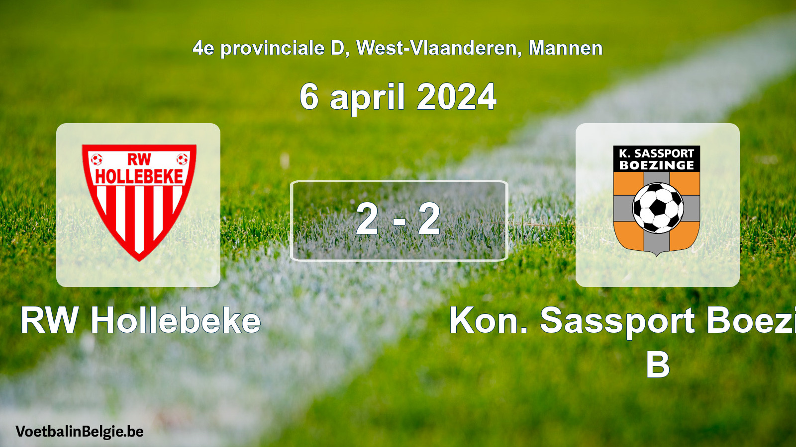 Gespeelde wedstrijd mannenvoetbal: RW Hollebeke - Kon. Sassport Boezinge B 2 - 2 (6 april 2024)