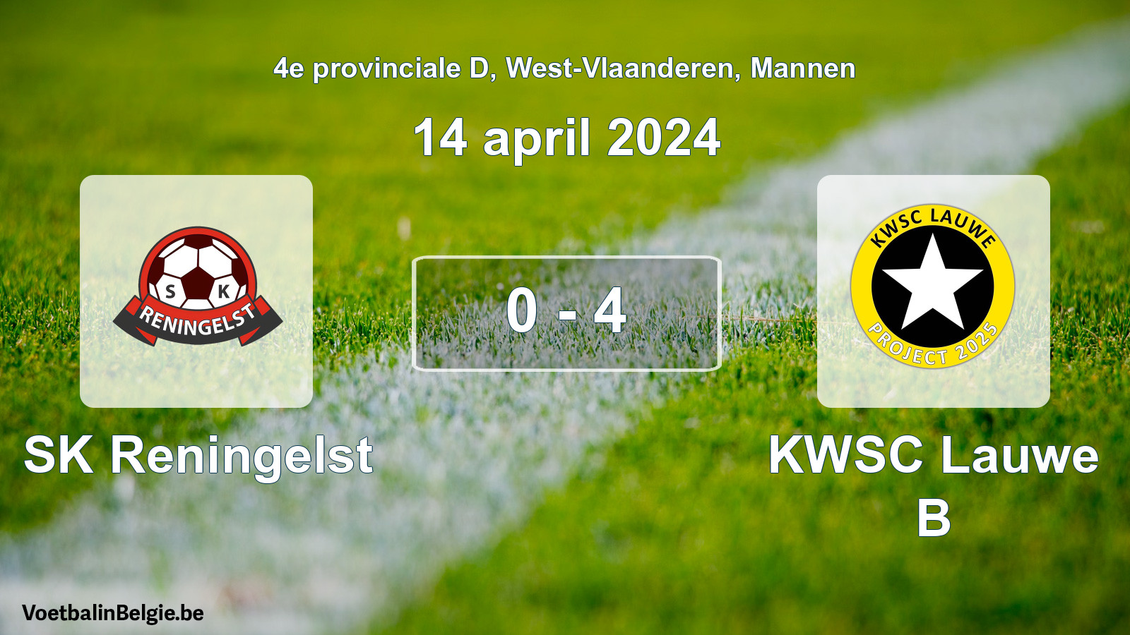 Gespeelde wedstrijd mannenvoetbal: SK Reningelst - KWSC Lauwe B 0 - 4 (14 april 2024)