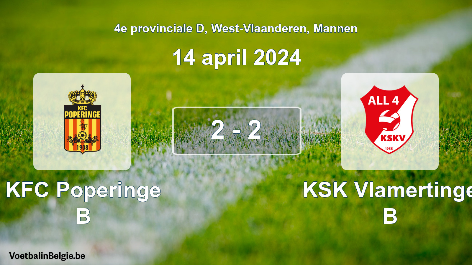 Gespeelde wedstrijd mannenvoetbal: KFC Poperinge B - KSK Vlamertinge B 2 - 2 (14 april 2024)