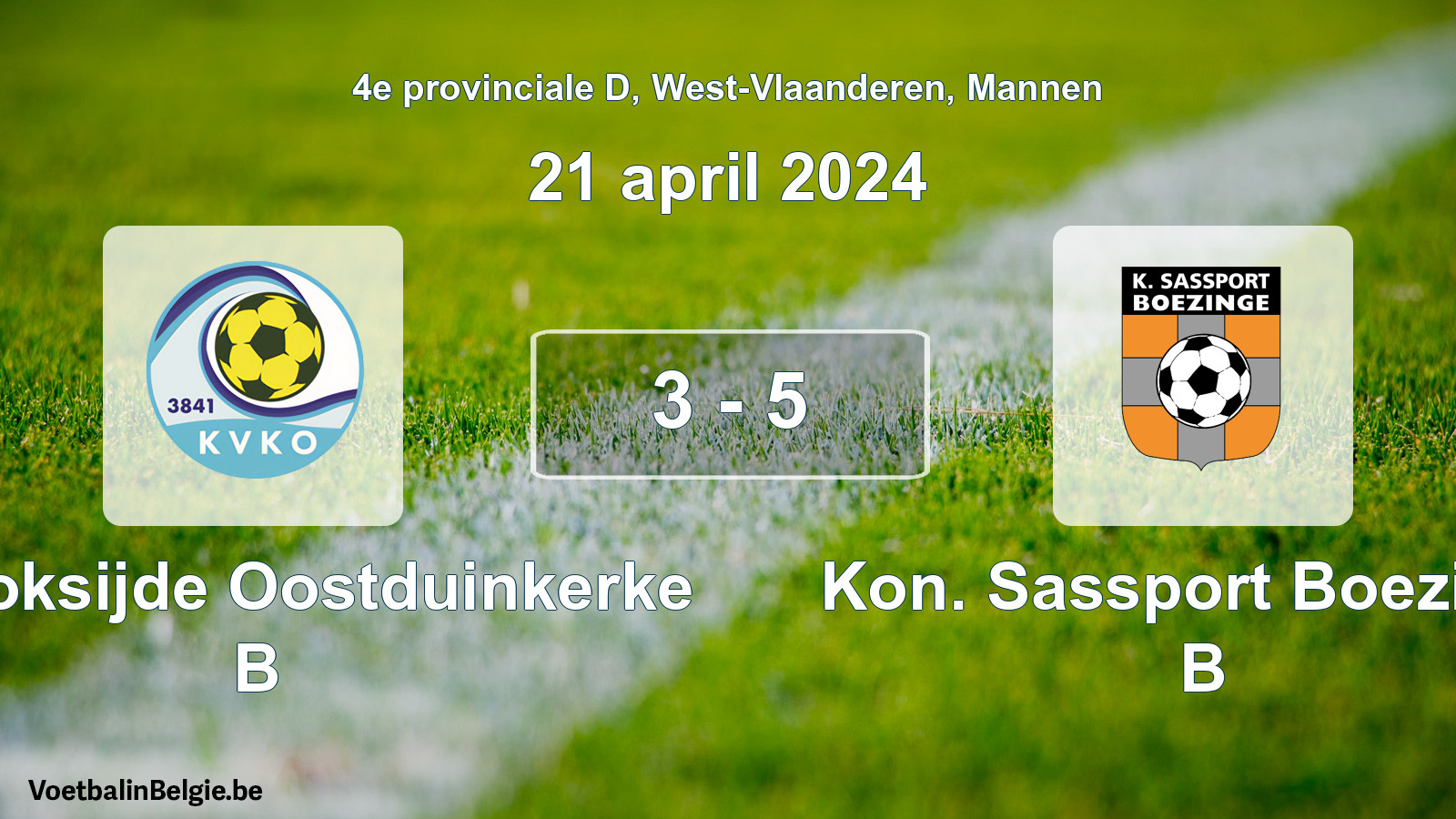 Gespeelde wedstrijd mannenvoetbal: KV Koksijde Oostduinkerke B - Kon. Sassport Boezinge B 3 - 5 (21 april 2024)