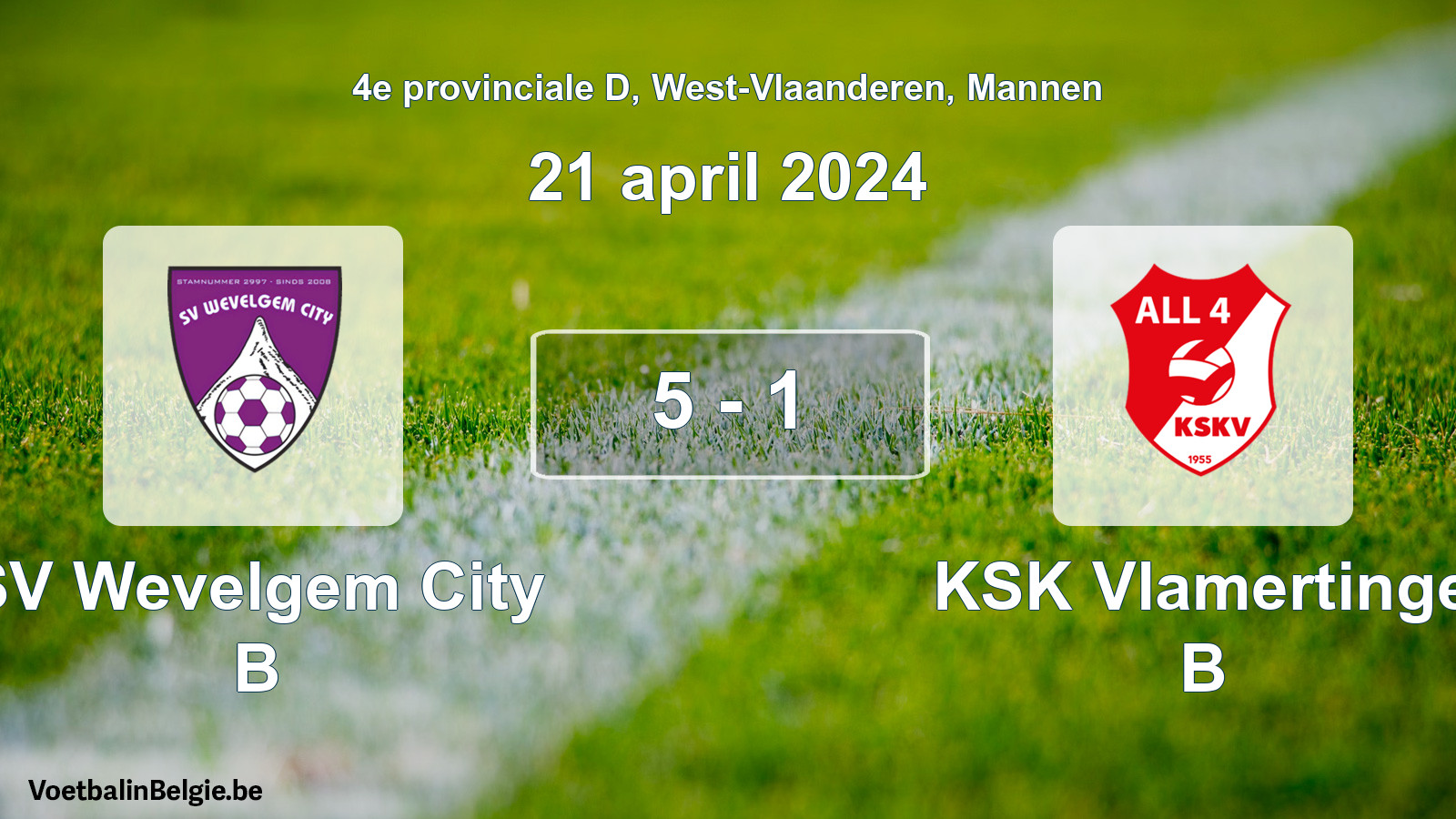 Gespeelde wedstrijd mannenvoetbal: SV Wevelgem City B - KSK Vlamertinge B 5 - 1 (21 april 2024)
