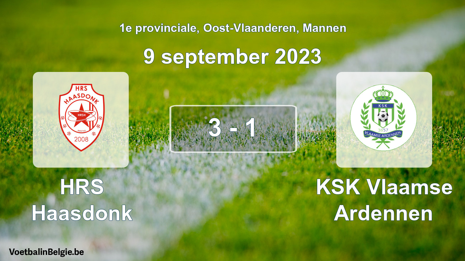 Gespeelde wedstrijd mannenvoetbal: HRS Haasdonk - KSK Vlaamse Ardennen 3 - 1 (9 september 2023)