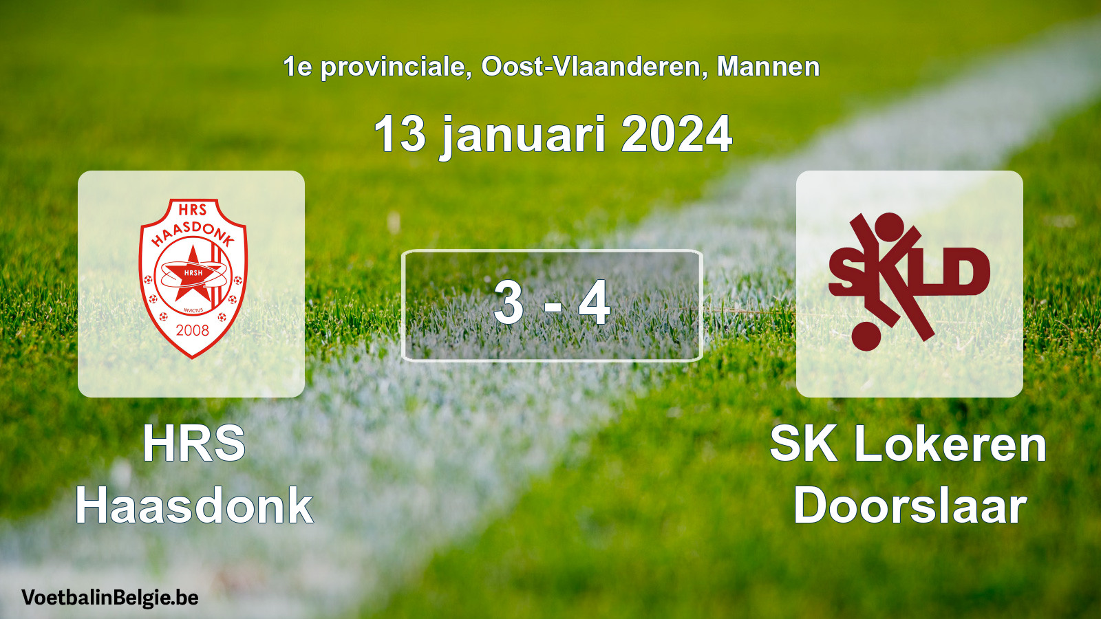 Gespeelde wedstrijd mannenvoetbal: HRS Haasdonk - SK Lokeren Doorslaar 3 - 4 (13 januari 2024)