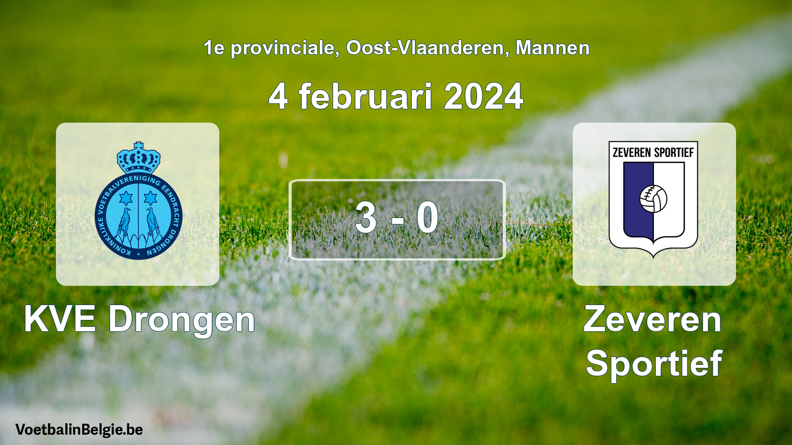 Gespeelde wedstrijd mannenvoetbal: KVE Drongen - Zeveren Sportief 3 - 0 (4 februari 2024)