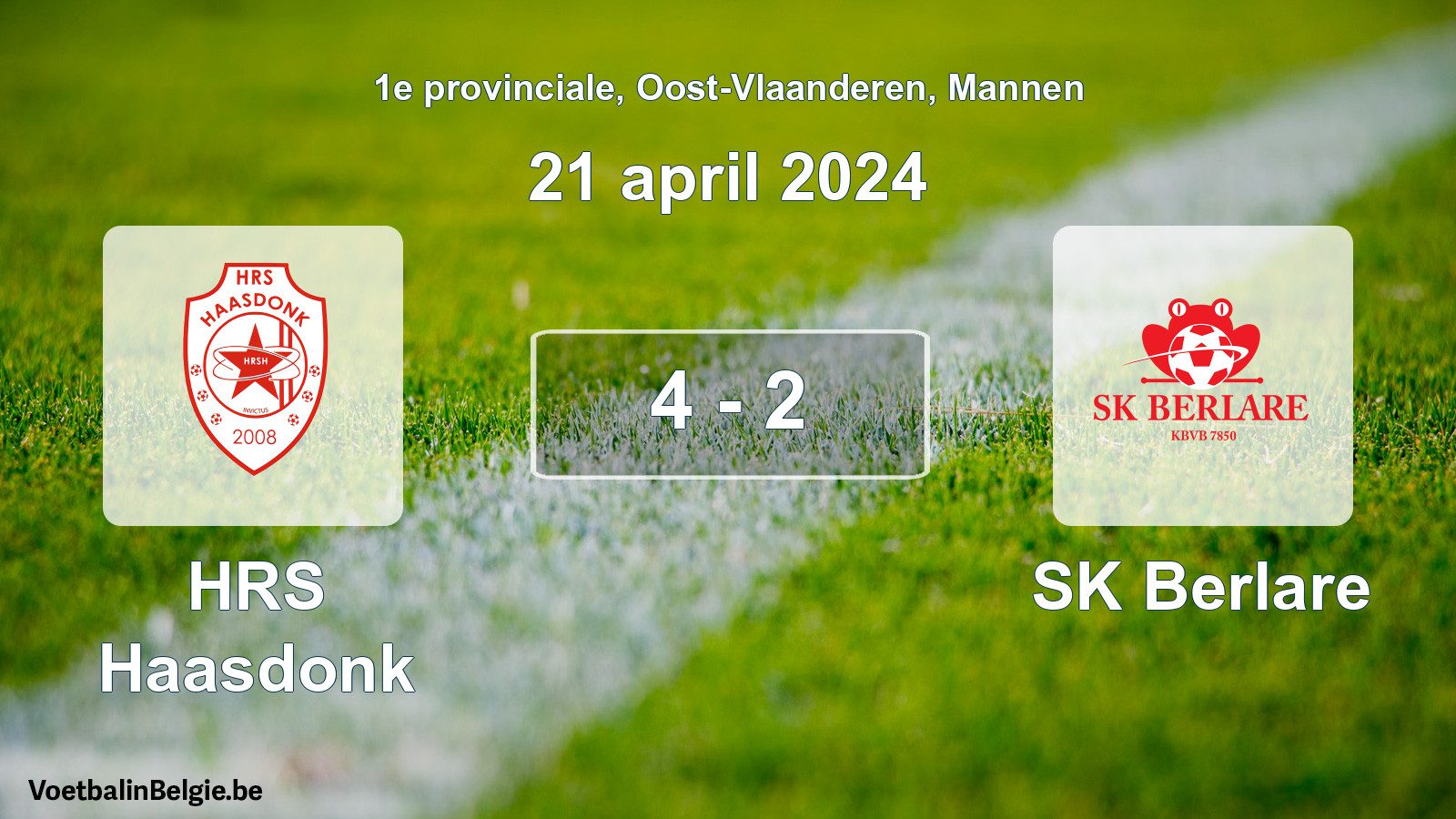 Gespeelde wedstrijd mannenvoetbal: HRS Haasdonk - SK Berlare 4 - 2 (21 april 2024)