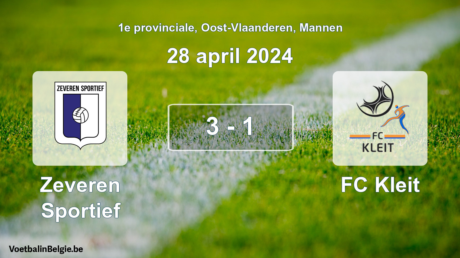 Gespeelde wedstrijd mannenvoetbal: Zeveren Sportief - FC Kleit 3 - 1 (28 april 2024)