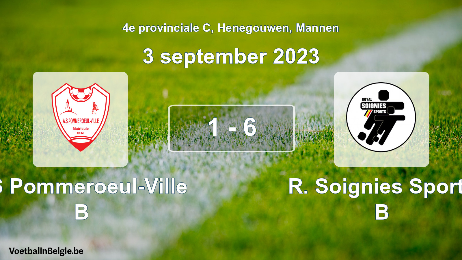 Gespeelde wedstrijd mannenvoetbal: AS Pommeroeul-Ville B - R. Soignies Sports B 1 - 6 (3 september 2023)