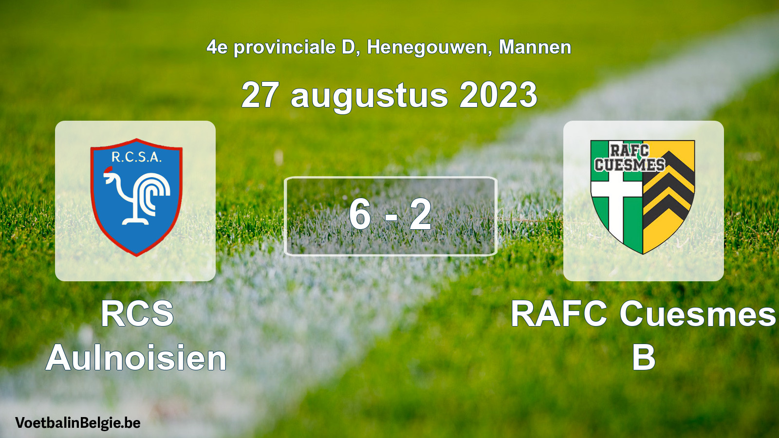 Gespeelde wedstrijd mannenvoetbal: RCS Aulnoisien - RAFC Cuesmes B 6 - 2 (27 augustus 2023)