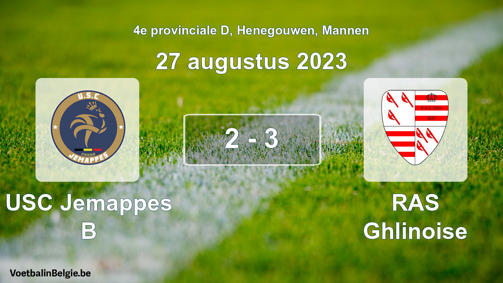 Gespeelde wedstrijd mannenvoetbal: USC Jemappes B - RAS Ghlinoise 2 - 3 (27 augustus 2023)