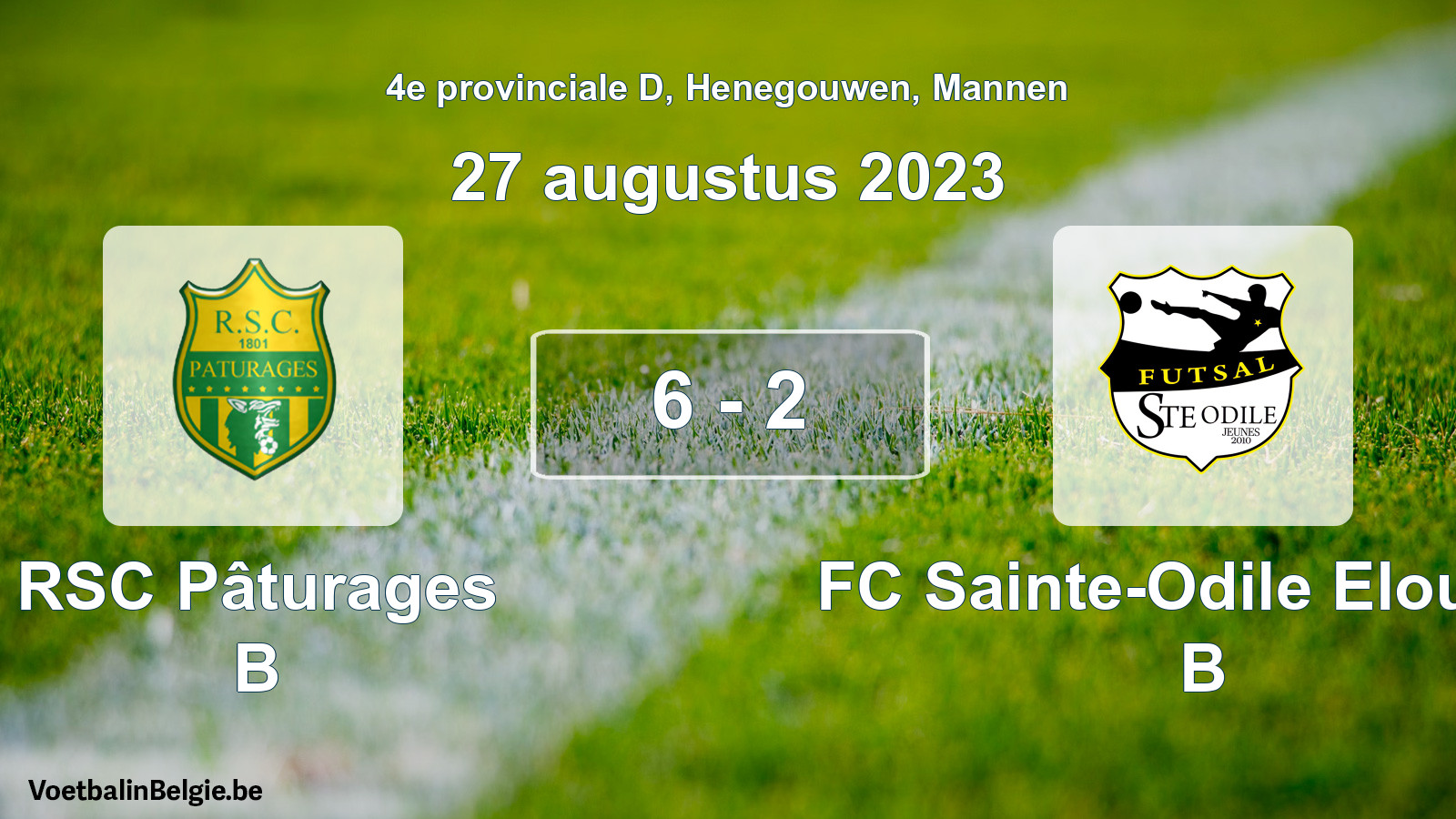 Gespeelde wedstrijd mannenvoetbal: RSC Pâturages B - FC Sainte-Odile Elouges B 6 - 2 (27 augustus 2023)