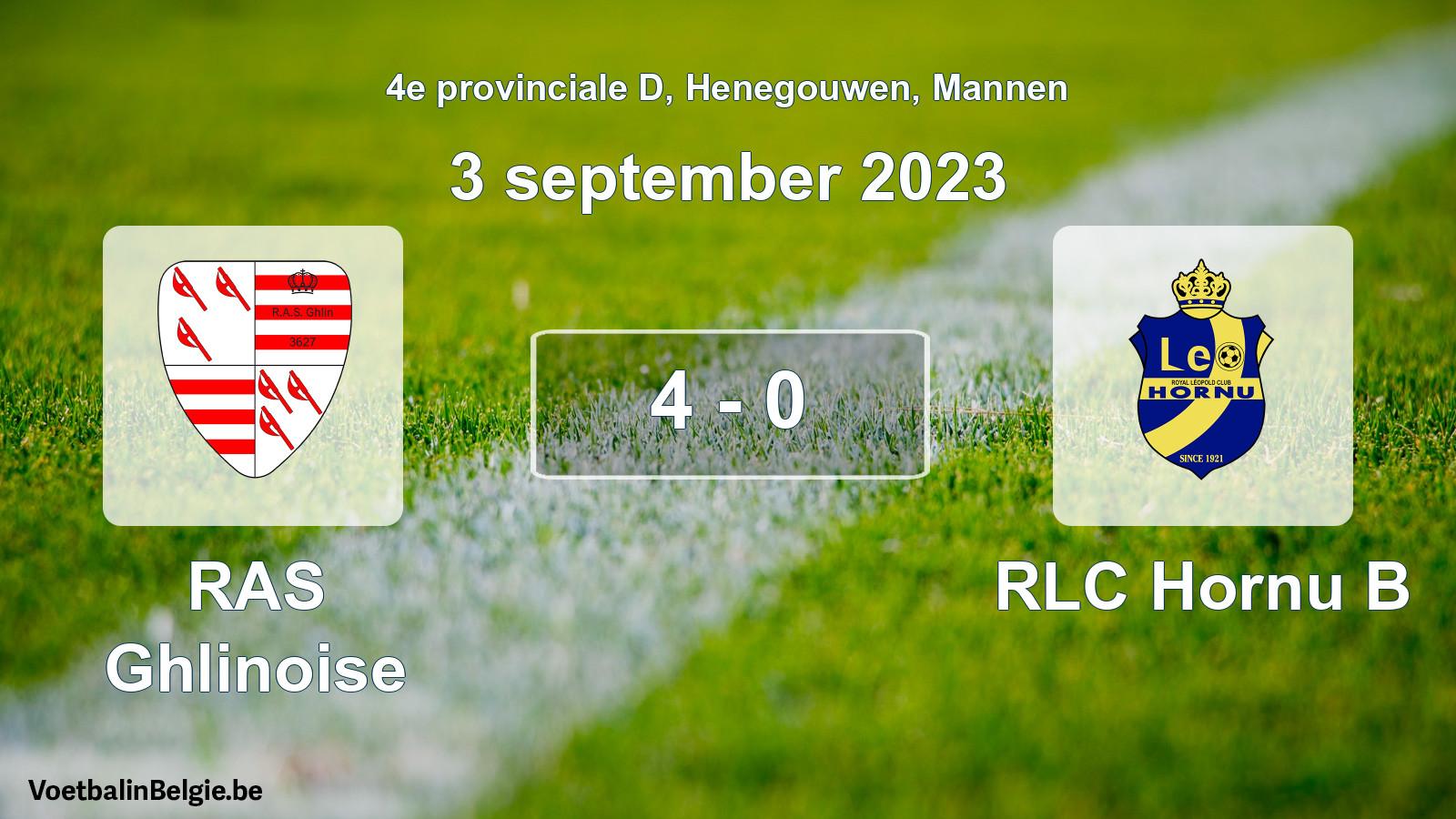 Gespeelde wedstrijd mannenvoetbal: RAS Ghlinoise - RLC Hornu B 4 - 0 (3 september 2023)