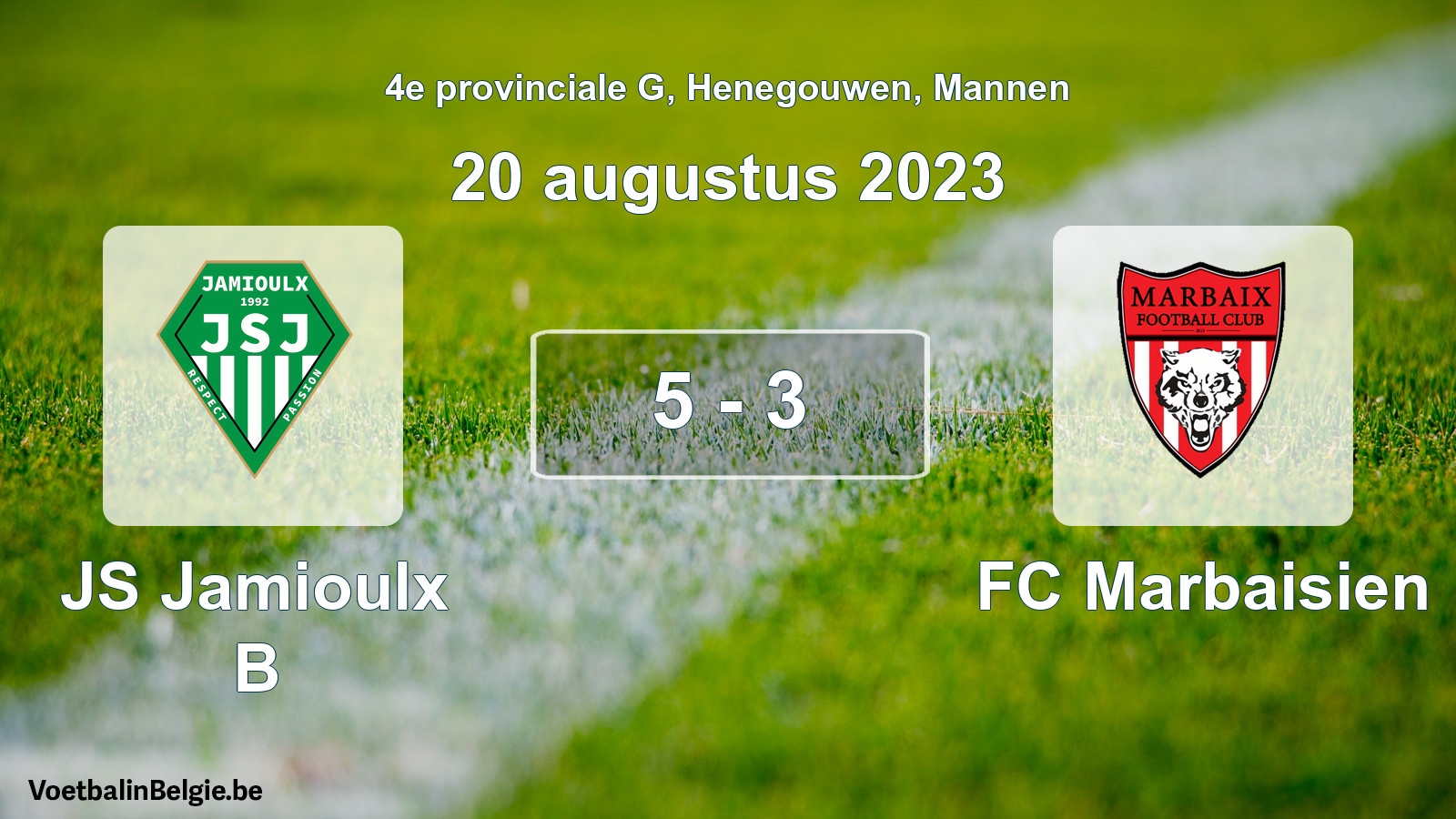Gespeelde wedstrijd mannenvoetbal: JS Jamioulx B - FC Marbaisien 5 - 3 (20 augustus 2023)