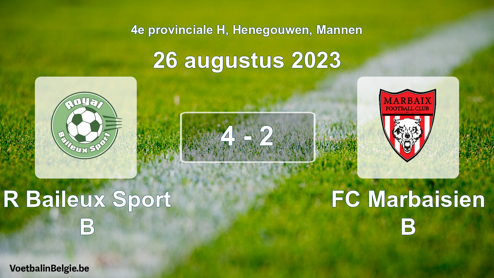 Gespeelde wedstrijd mannenvoetbal: R Baileux Sport B - FC Marbaisien B 4 - 2 (26 augustus 2023)