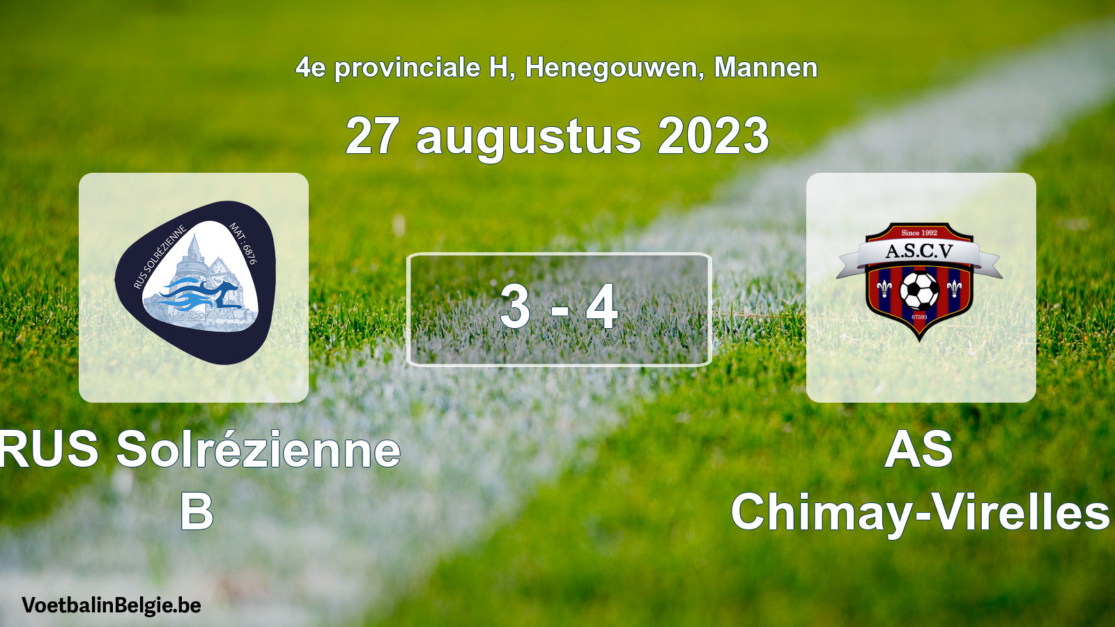 Gespeelde wedstrijd mannenvoetbal: RUS Solrézienne B - AS Chimay-Virelles 3 - 4 (27 augustus 2023)