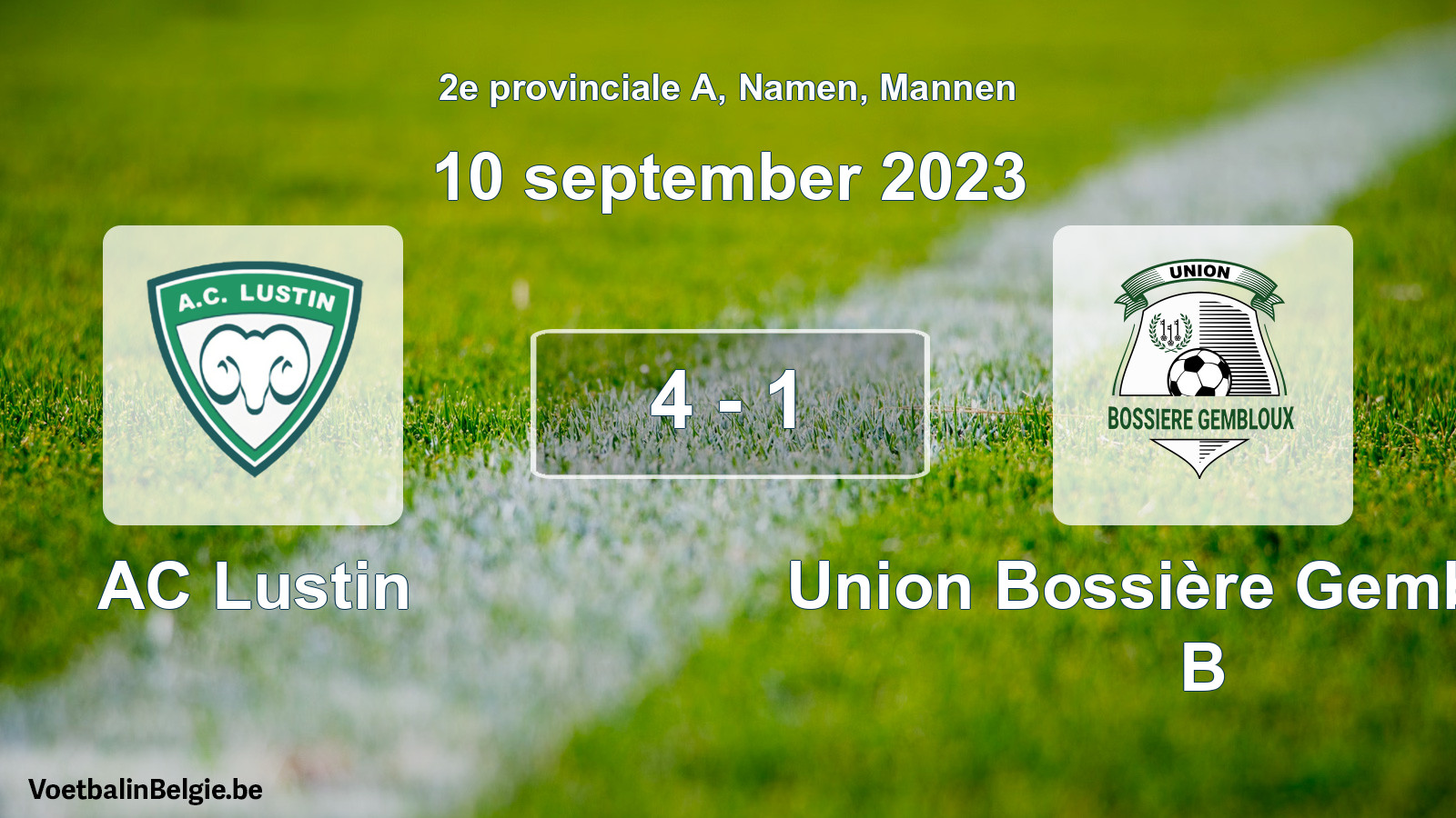 Gespeelde wedstrijd mannenvoetbal: AC Lustin - Union Bossière Gembloux B 4 - 1 (10 september 2023)