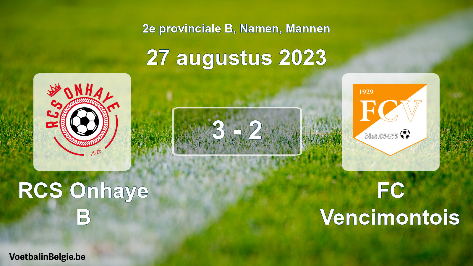 Gespeelde wedstrijd mannenvoetbal: RCS Onhaye B - FC Vencimontois 3 - 2 (27 augustus 2023)