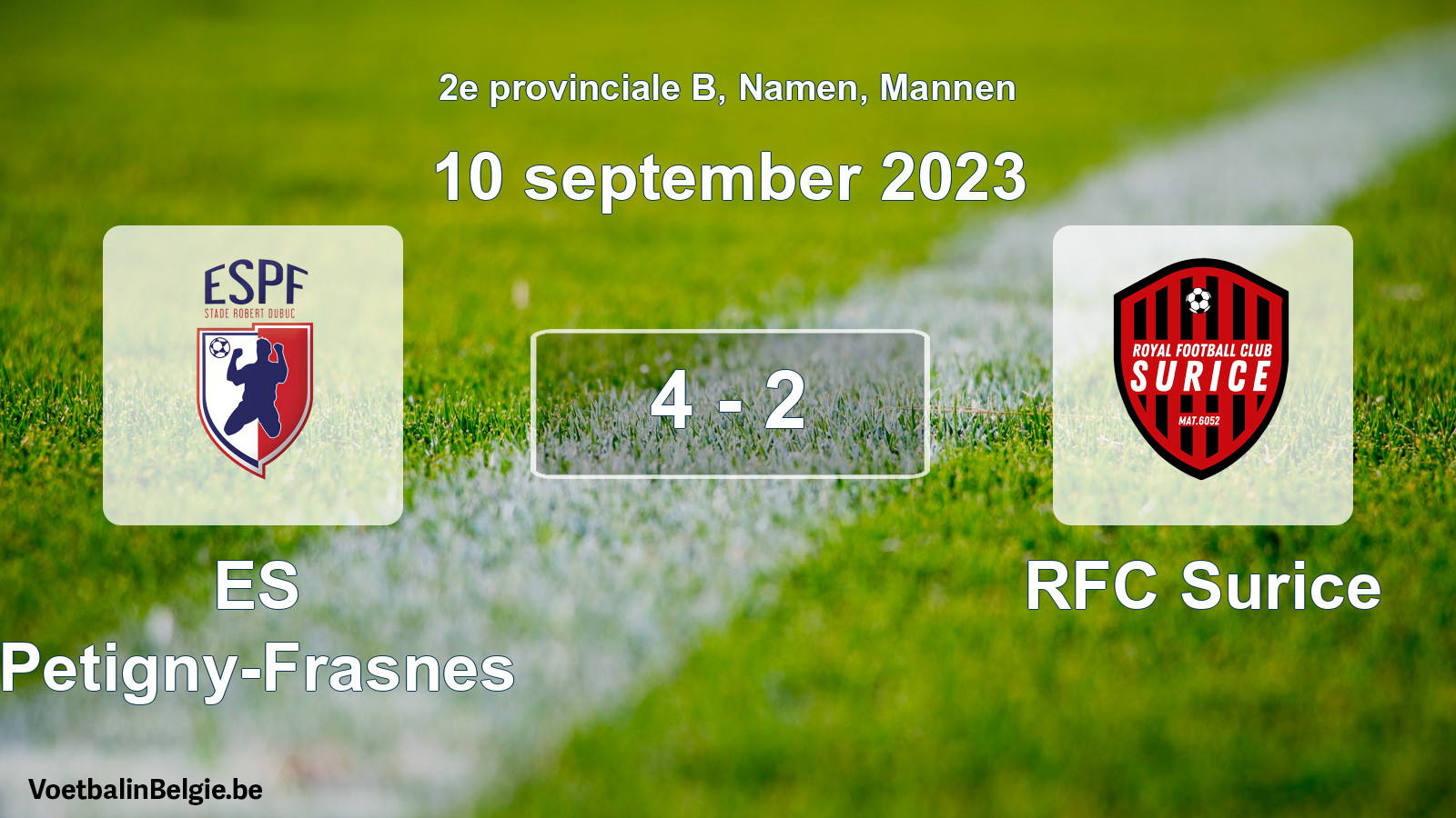 Gespeelde wedstrijd mannenvoetbal: ES Petigny-Frasnes - RFC Surice 4 - 2 (10 september 2023)