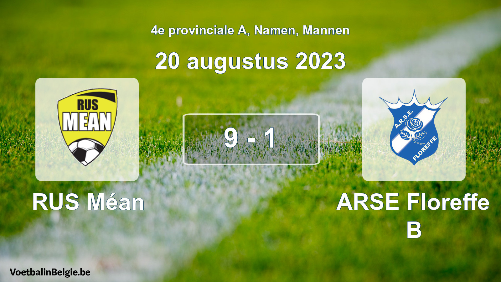 Gespeelde wedstrijd mannenvoetbal: RUS Méan - ARSE Floreffe B 9 - 1 (20 augustus 2023)