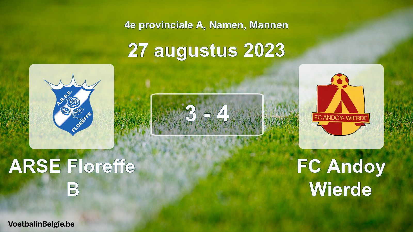 Gespeelde wedstrijd mannenvoetbal: ARSE Floreffe B - FC Andoy Wierde 3 - 4 (27 augustus 2023)