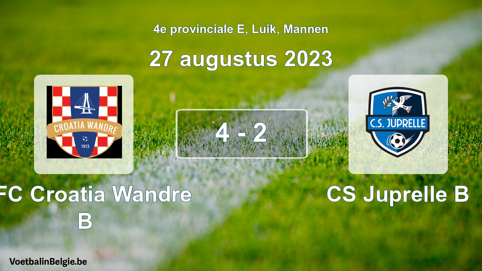 Gespeelde wedstrijd mannenvoetbal: RFC Croatia Wandre B - CS Juprelle B 4 - 2 (27 augustus 2023)