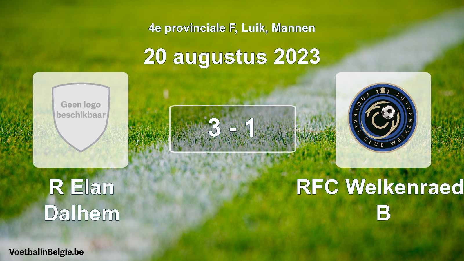 Gespeelde wedstrijd mannenvoetbal: R Elan Dalhem - RFC Welkenraedt B 3 - 1 (20 augustus 2023)