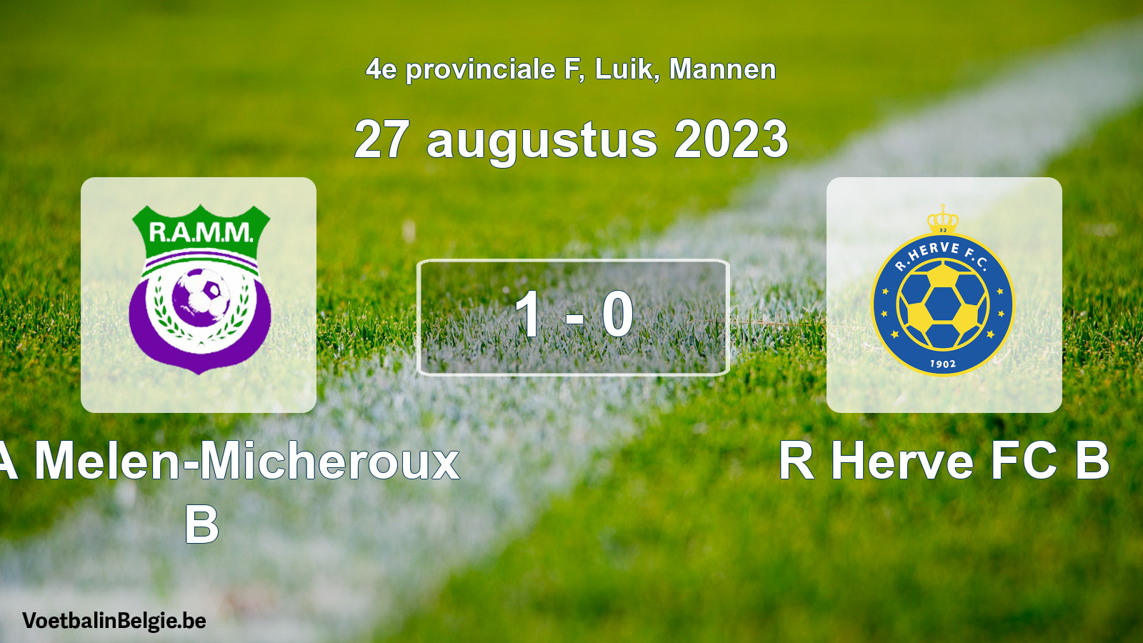 Gespeelde wedstrijd mannenvoetbal: RA Melen-Micheroux B - R Herve FC B 1 - 0 (27 augustus 2023)