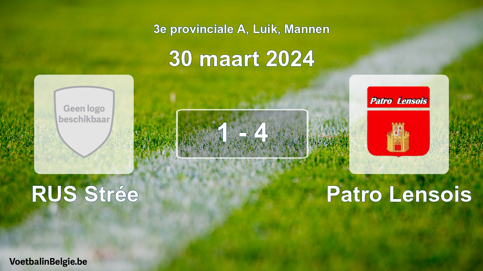 Gespeelde wedstrijd mannenvoetbal: RUS Strée - Patro Lensois 1 - 4 (30 maart 2024)